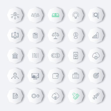 Venture capital, investments, stock exchange, finance line octagon icons