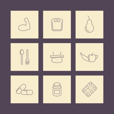 Diet, nutrition, thin line square icons set