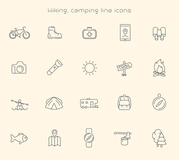 Hiking, Camping, Trekking, Adventure thin line icons — ストックベクタ