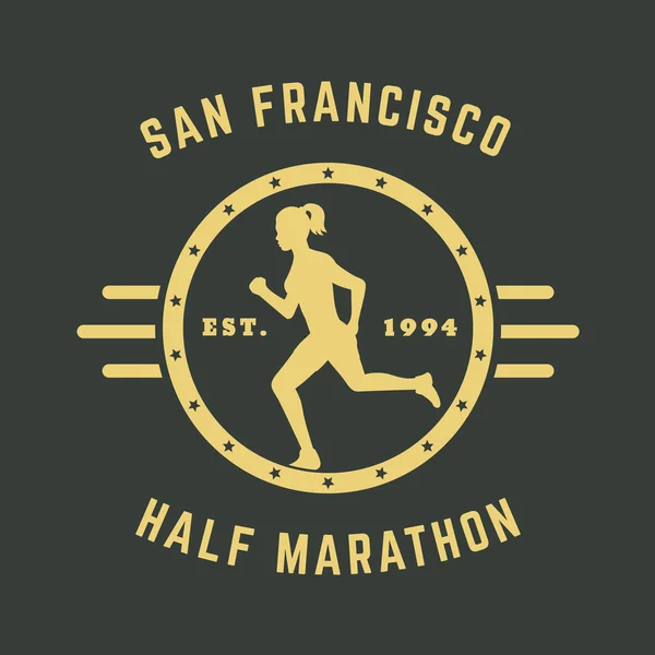 Meia Maratona emblema Vintage, logotipo, crachá com menina correndo — Vetor de Stock