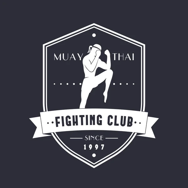 Muay Thai Fighting Club vintage emblem, logo, t-shirt print on shield — Stock Vector