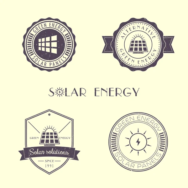 Logotipo de energía solar grunge, emblema, signos, redondo, en escudo — Archivo Imágenes Vectoriales