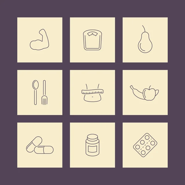 Diet, nutrition, thin line square icons set — ストックベクタ