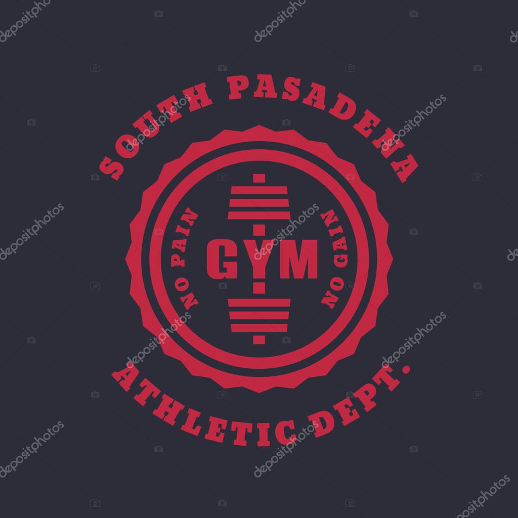 Round vintage gym logo, emblem, t-shirt design, print with barbell, vector illustration, eps10, easy to edit