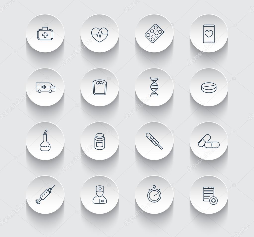 Medicine, health care, pharmaceutics, hospital, line round icons pack, vector illustration, eps10, easy to edit