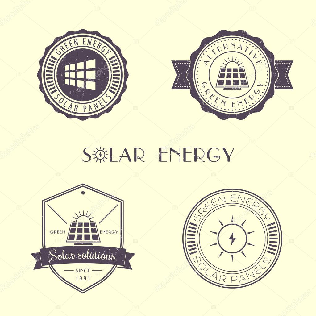 Solar energy grunge logo, emblem, signs, round, on shield, vector illustration, eps10, easy to edit