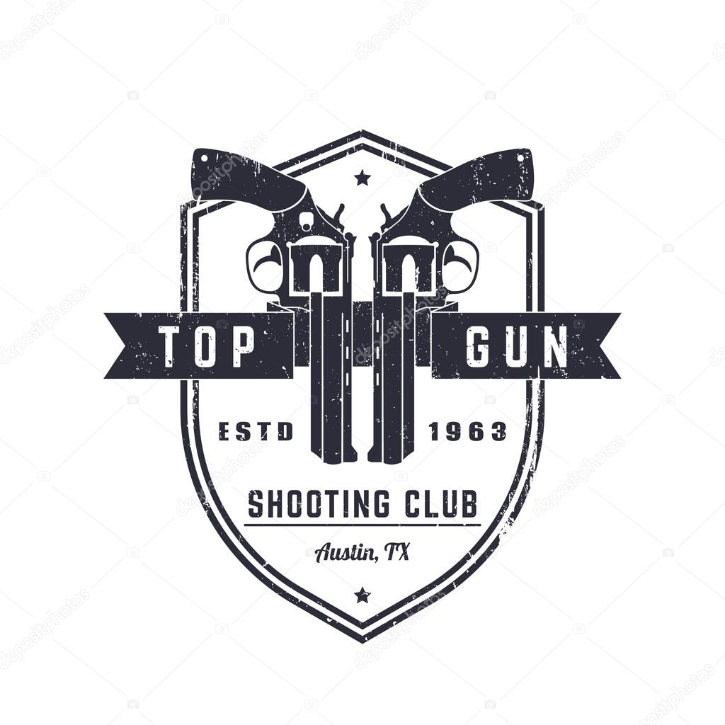 Gun club vintage grunge logo, emblem with revolvers, vector illustration, eps10, easy to edit