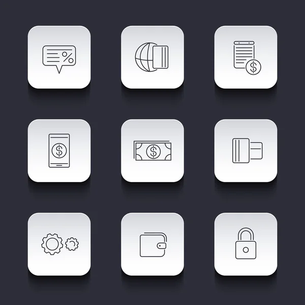 Payment methods, types linear icons on rounded square shapes — Wektor stockowy