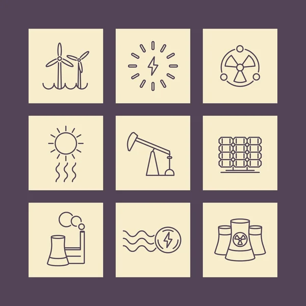 Energía, producción de energía, industria eléctrica, iconos cuadrados de línea — Archivo Imágenes Vectoriales