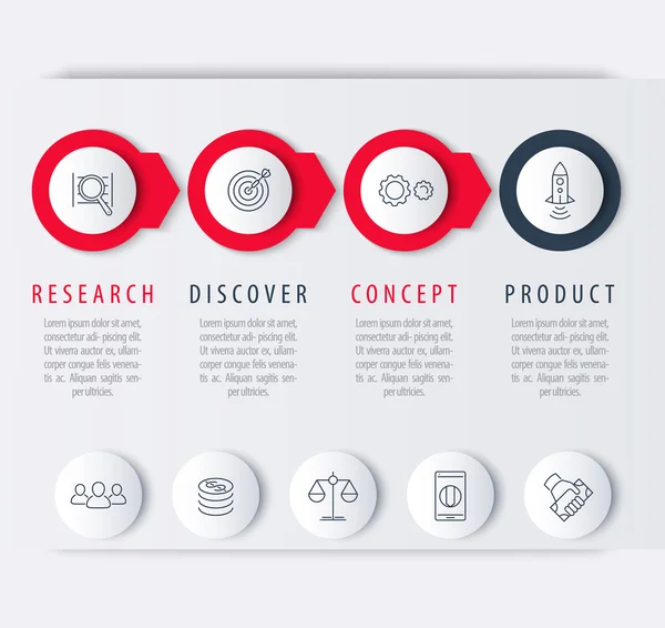 Développement de produits, éléments infographiques, étiquettes pas à pas, icônes de ligne — Image vectorielle