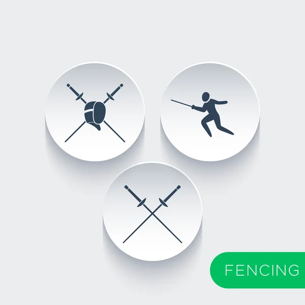 Fencing, fencer, crossed foils round icons — ストックベクタ