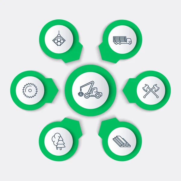 Forestry, Timber, Tree Harvester, Sawmill infographic elements, line icons — 스톡 벡터