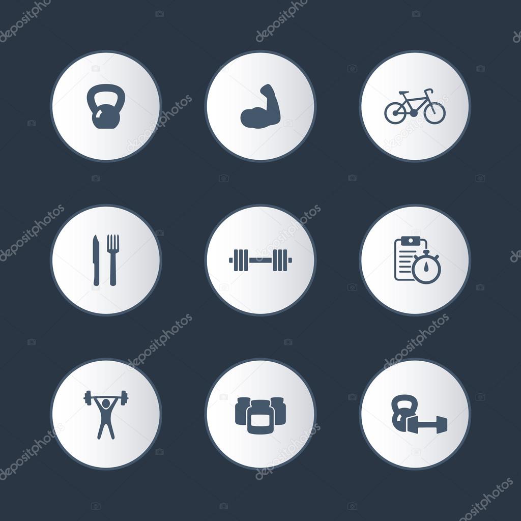 fitness, sport, gym round icons set