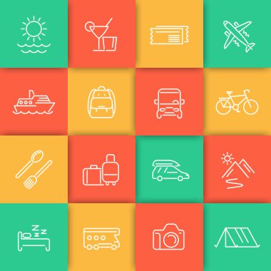 Seyahat, turizm, cruise, tatil satırı Icons set