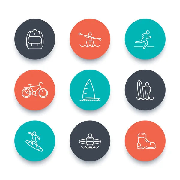 Utazás, kaland, szörfözés vonal ikonok — Stock Vector