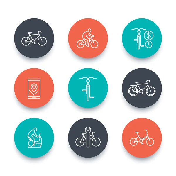 Fietsen, fietser, fietsreparatie, lineaire ronde iconen — Stockvector