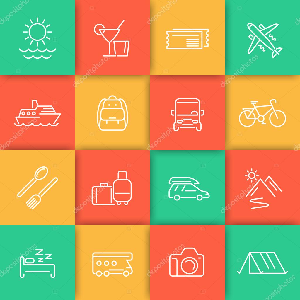 Travel, tourism, cruise, vacation line icons set, vector illustration