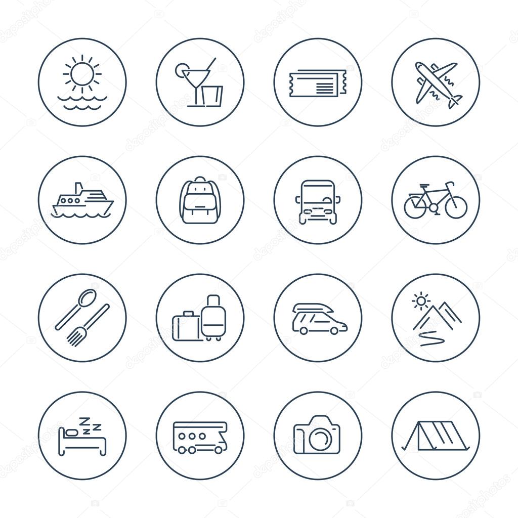 Travel, tourism, trip, vacation line icons pack, vector illustration