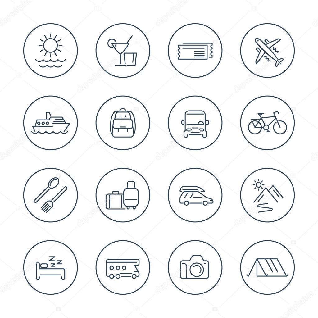 Travel, tourism, trip, vacation line icons pack