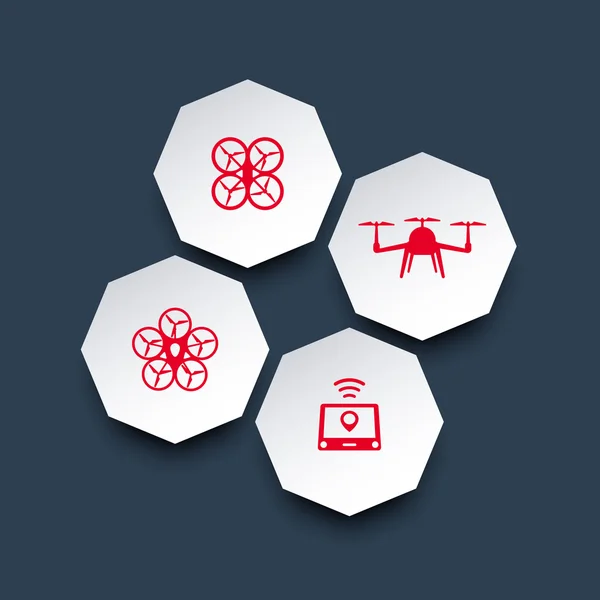 Drones, Tricóptero, Multicopter, Quadrocopter octagonal 3d iconos en rojo y blanco — Vector de stock