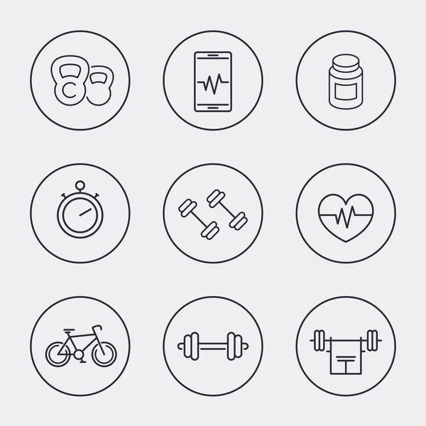 Fitness en línea, iconos de gimnasio en círculos — Archivo Imágenes Vectoriales