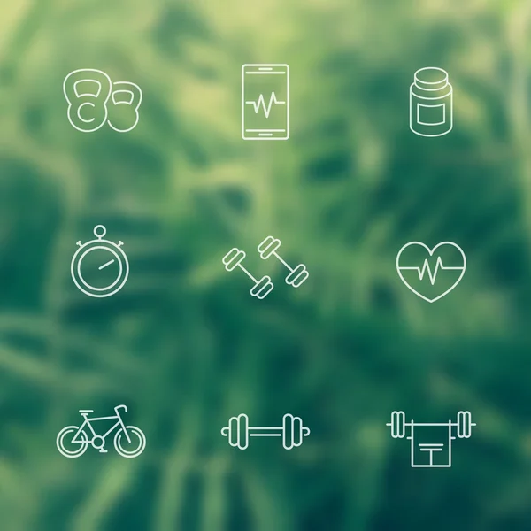 Line Fitness, Fitness-Studio weiße Symbole auf unscharfem grünen Hintergrund — Stockvektor
