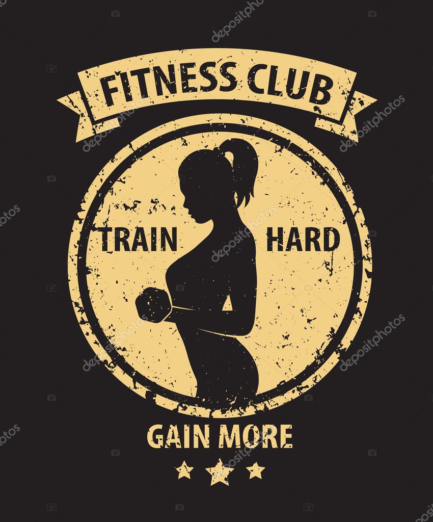 Fitness Club grunge emblem with exercising athletic girl, vector illustration, eps10, easy to edit