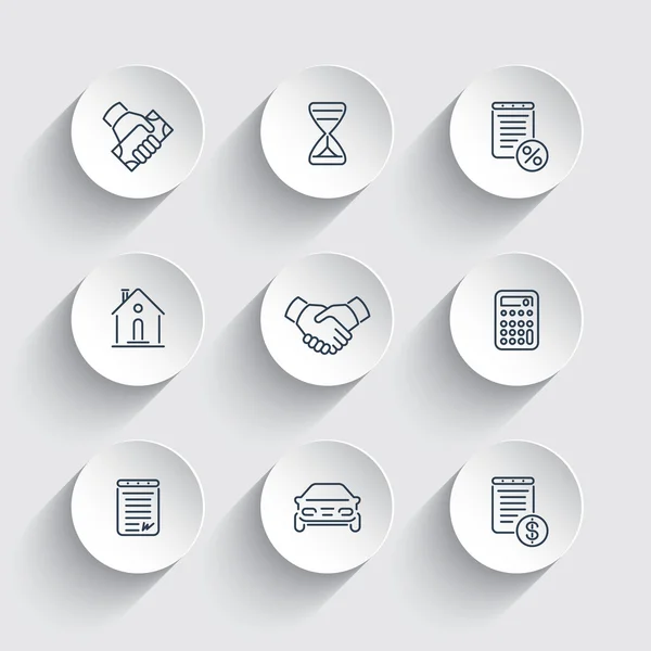 Leasing, bankacılık, kredi, çizgi yuvarlak simgeler