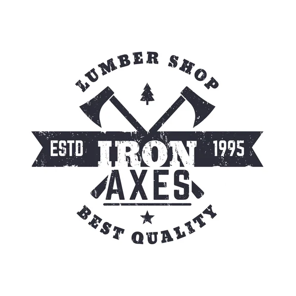Tienda de madera grunge logotipo vintage, logotipo, emblema con hachas de leñadores — Vector de stock