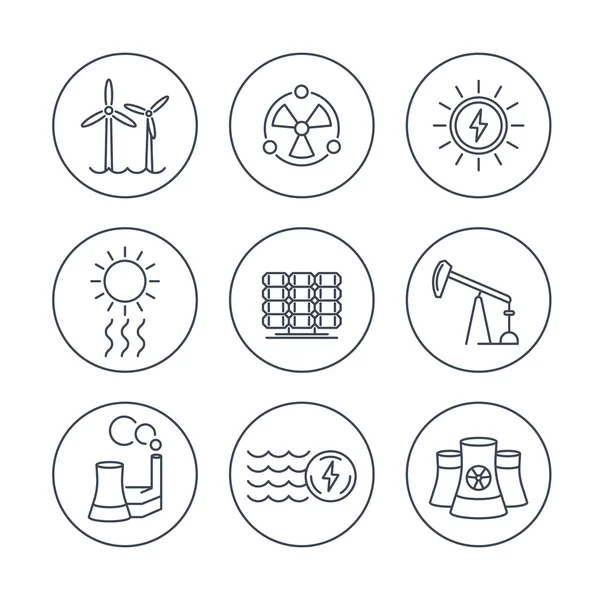 Ενέργειας, παραγωγή ενέργειας, energetics, ηλεκτρική βιομηχανία, εικονίδια γραμμή σε κύκλους — Διανυσματικό Αρχείο