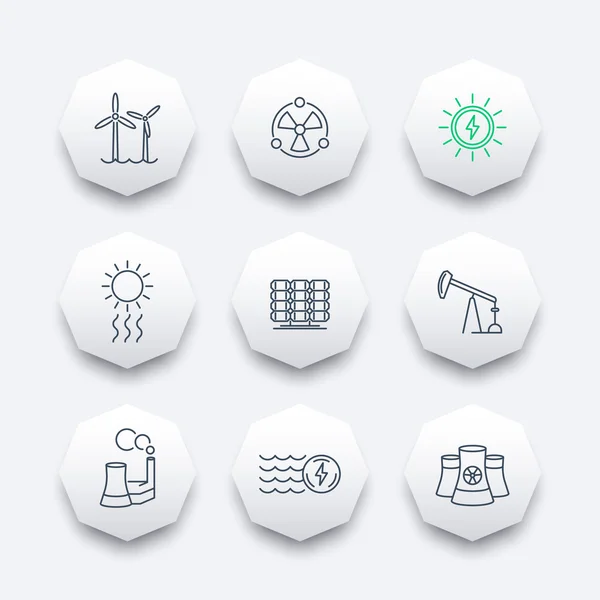 Macht, productie van energie, energetica, zonne-energie, nucleaire energie, lineaire achthoek pictogrammen — Stockvector