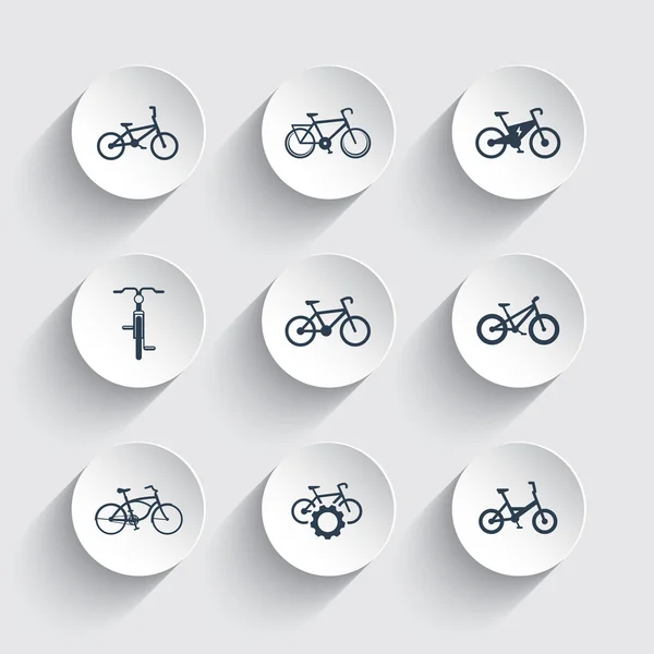 Bicycle, cycling, bike, electric bike, fat-bike icons on round 3d shapes — Stock Vector