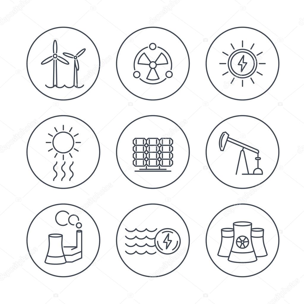 Power, energy production, energetics, electric industry, line icons in circles, vector illustration