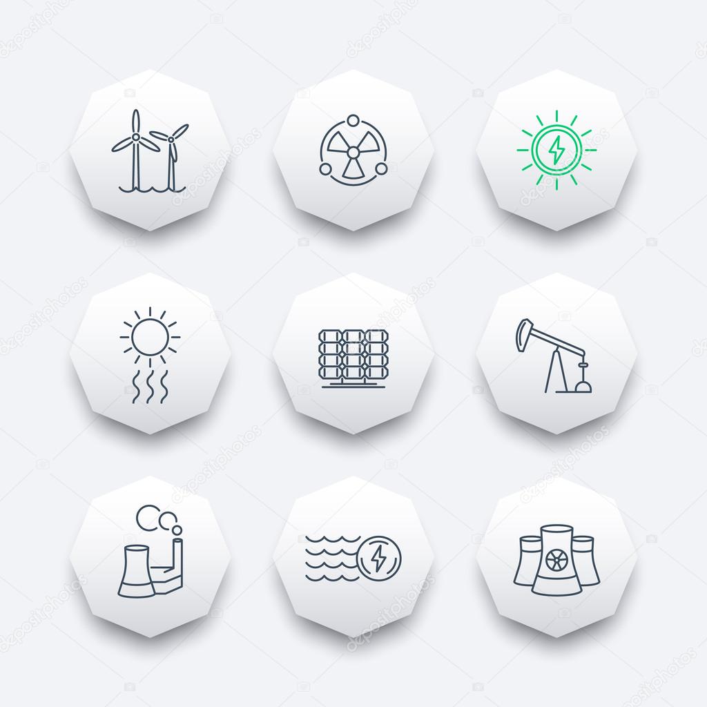 Power, energy production, energetics, solar, nuclear energy, linear octagon icons, vector illustration