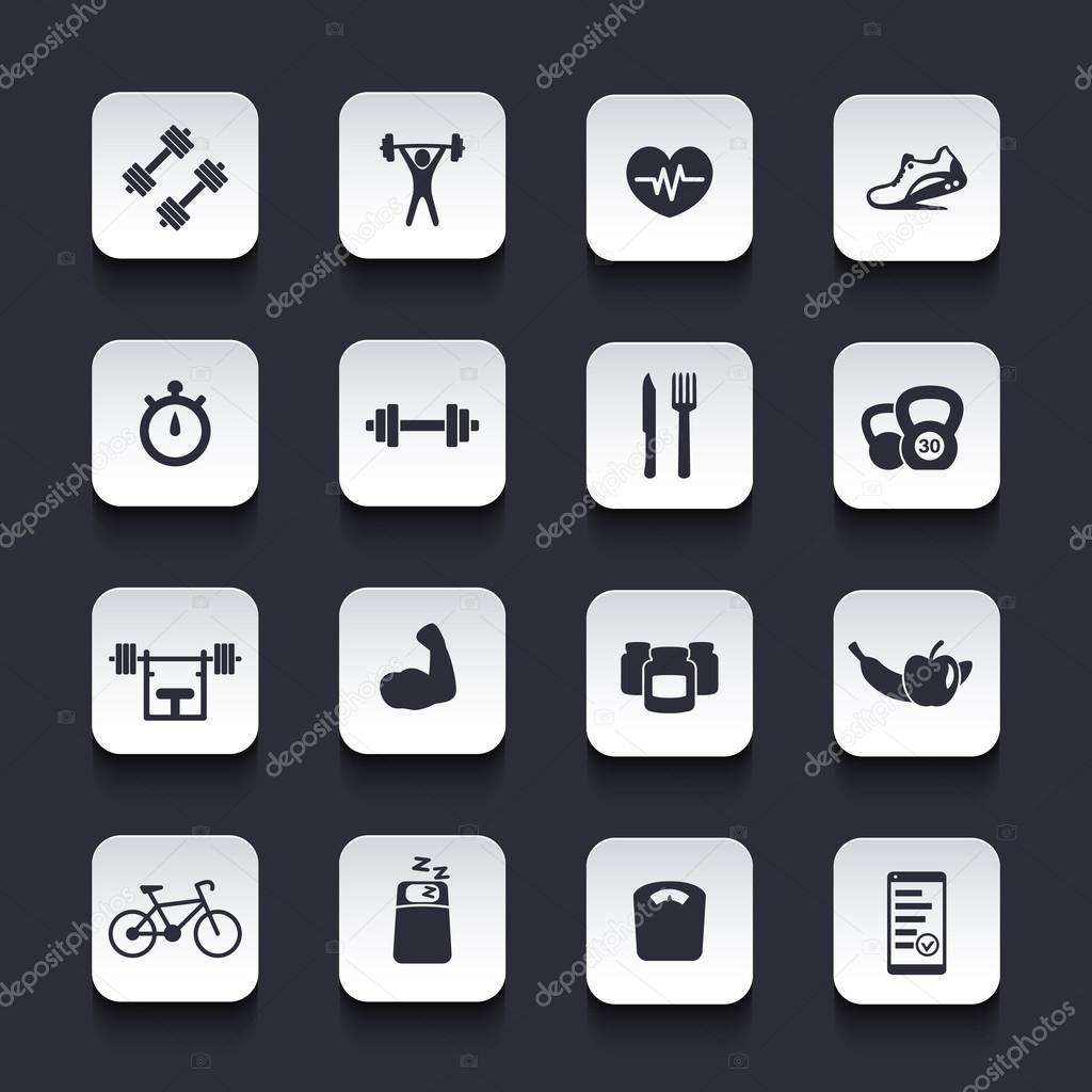 16 fitness, gym, sport, workout, healthy living rounded square icons pack