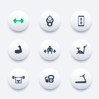 Spor Salonu, fitness, egzersiz, eğitim, pazı yuvarlak simgeler paketi