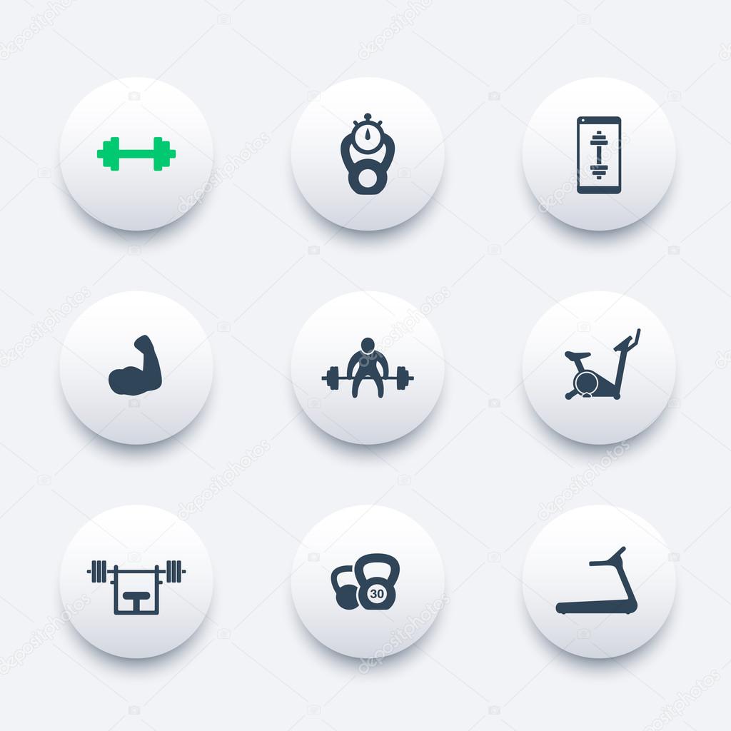 Gym, fitness, workout, training, biceps round icons pack, vector illustration