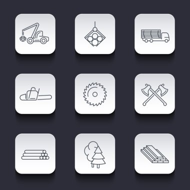 Forestry, Timber, Tree Harvester, Sawmill, Logging line rounded square icons