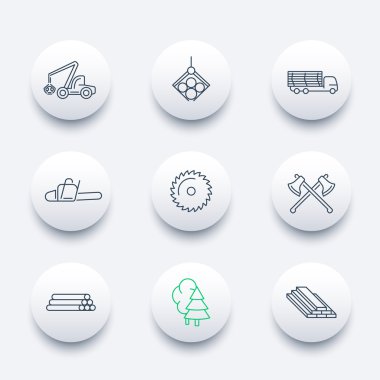 Forestry, Timber, Tree Harvester, Sawmill, Logging line round icons pack