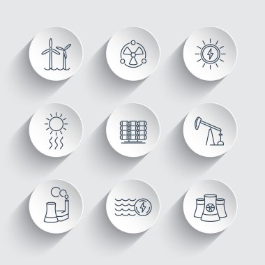 Power, energy production, energetics, solar, nuclear energy, line round icons