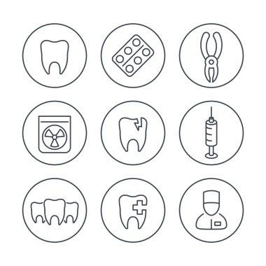Tooth, dental care, dental pliers, dentist, teeth line icons in circles