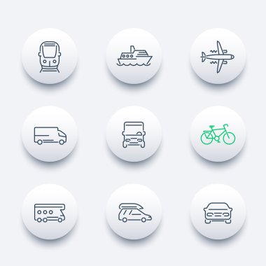 Transport, car, van, minivan, bus, train, airplane line round icons pack