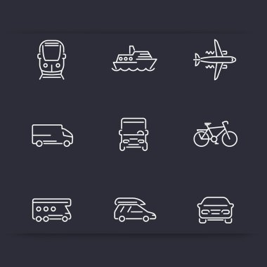 Transport, car, van, minivan, bus, train, airplane, ship line white icons