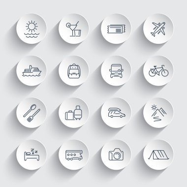 Travel, tourism, trip, vacation, cruise line round icons pack