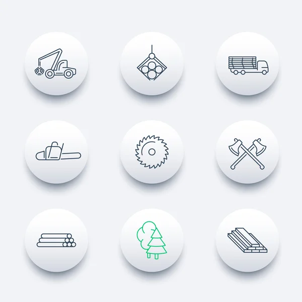 Foresterie, Sciage, Récolteuse d'arbres, Scierie, Logging line round icons pack — Image vectorielle