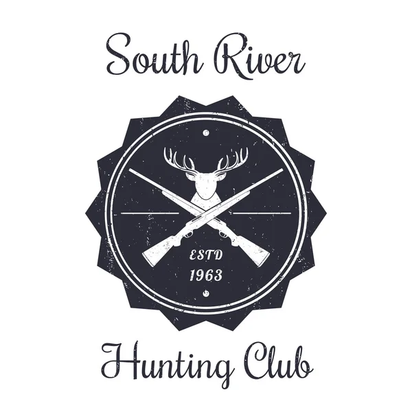 Hunting Club Emblema Vintage con cabeza de ciervo y rifles, con textura grunge — Vector de stock