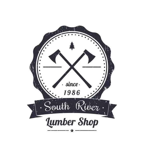 Деревянный магазин круглый винтажный логотип, эмблема, с гранжем — стоковый вектор