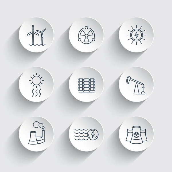 Power, energy production, energetics, solar, nuclear energy, line round icons — Stockvector