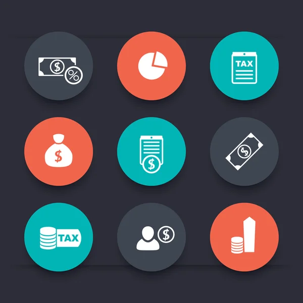 Tax, finance, payroll, income round color icons — Stockový vektor