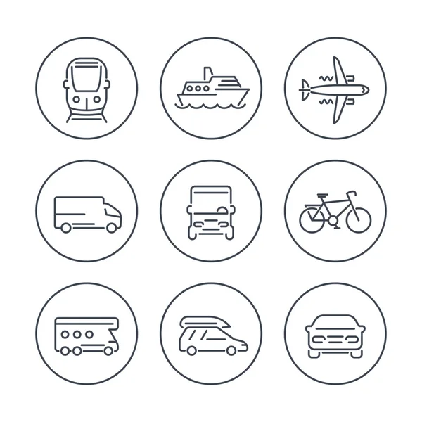 Transporte, coche, furgoneta, monovolumen, autobús, tren, iconos de línea de avión en círculos — Archivo Imágenes Vectoriales